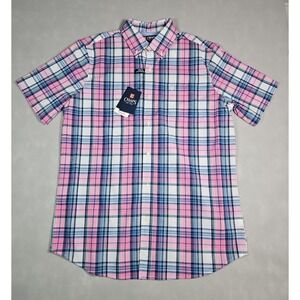 Chaps Mens Pink Blue Plaid Button Down Short Sleeve Shirt Size Medium NWT